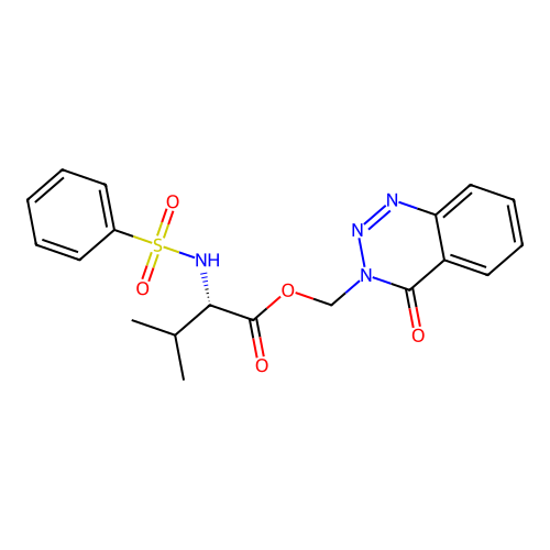 N-(Phenylsulfonyl)-L-valine (4-oxo-1,2,3-benzotriazin-3(4H)-yl)methyl ester structure