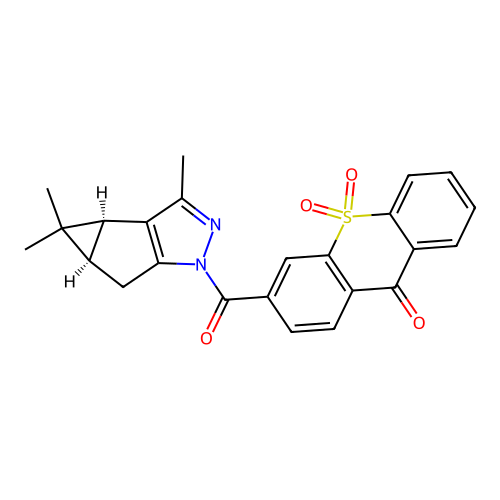 3-((3bS,4aR)-3,4,4-trimethyl-3b,4,4a,5-tetrahydro-1H-cyclopropa[3,4]cyclopenta[1,2-c]pyrazole-1-carbonyl)-9H-thioxanthen-9-one 10,10-dioxide structure