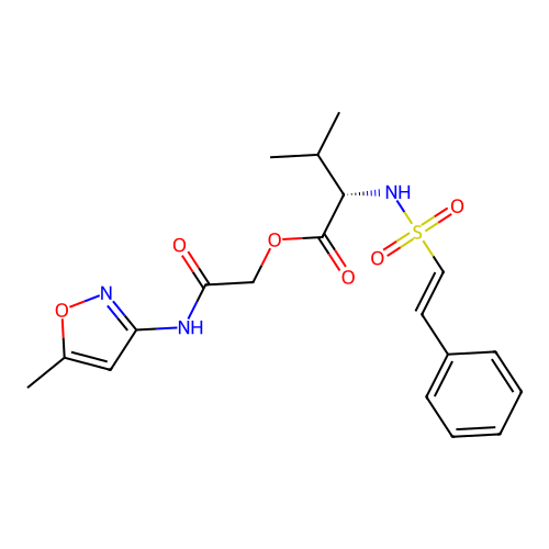 [(5-methyl-1,2-oxazol-3-yl)carbamoyl]methyl (2S)-3-methyl-2-(2-phenylethenesulfonamido)butanoate structure