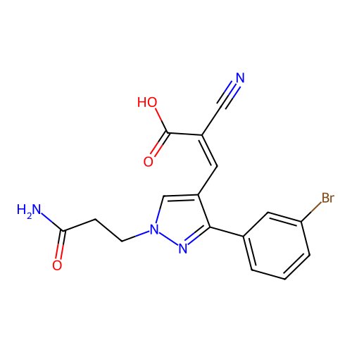 3-[1-(3-amino-3-oxopropyl)-3-(3-bromophenyl)pyrazol-4-yl]-2-cyanoprop-2-enoic acid structure