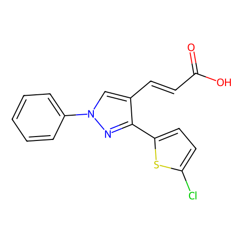 (2E)-3-[3-(5-chlorothiophen-2-yl)-1-phenyl-1H-pyrazol-4-yl]prop-2-enoic acid structure