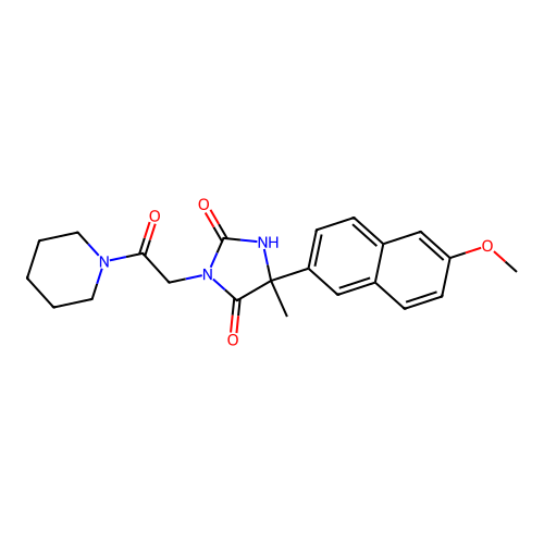 5-(6-methoxynaphthalen-2-yl)-5-methyl-3-(2-oxo-2-piperidin-1-ylethyl)imidazolidine-2,4-dione structure