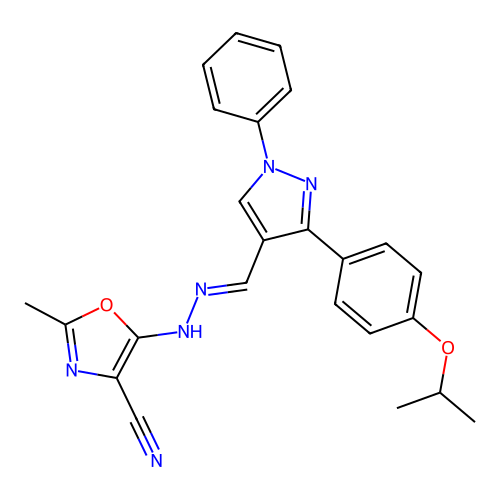 2-Methyl-5-[(2E)-2-[[3-[4-(1-methylethoxy)phenyl]-1-phenyl-1H-pyrazol-4-yl]methylene]hydrazinyl]-4-oxazolecarbonitrile structure