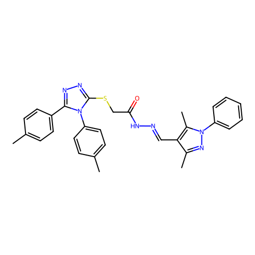(4,5-Di-p-tolyl-4H-[1,2,4]triazol-3-ylsulfanyl)-acetic acid [1-(3,5-dimethyl-1-phenyl-1H-pyrazol-4-yl)-meth-(E)-ylidene]-hydrazide structure