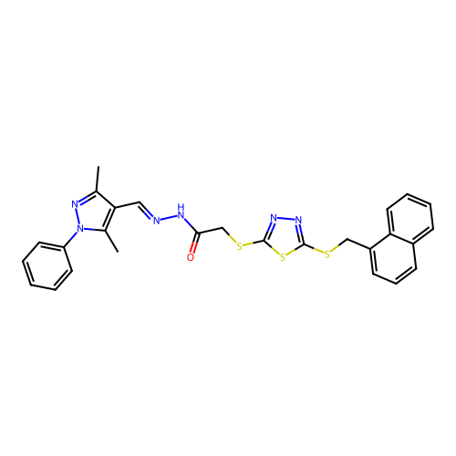 N'-[(E)-(3,5-dimethyl-1-phenyl-1H-pyrazol-4-yl)methylidene]-2-({5-[(naphthalen-1-ylmethyl)sulfanyl]-1,3,4-thiadiazol-2-yl}sulfanyl)acetohydrazide structure