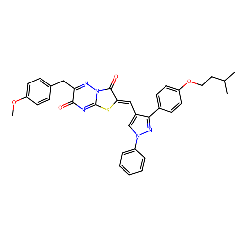 (2Z)-6-(4-methoxybenzyl)-2-({3-[4-(3-methylbutoxy)phenyl]-1-phenyl-1H-pyrazol-4-yl}methylidene)-7H-[1,3]thiazolo[3,2-b][1,2,4]triazine-3,7(2H)-dione structure