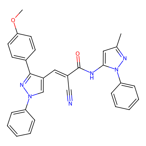 (E)-2-cyano-3-[3-(4-methoxyphenyl)-1-phenylpyrazol-4-yl]-N-(5-methyl-2-phenylpyrazol-3-yl)prop-2-enamide structure