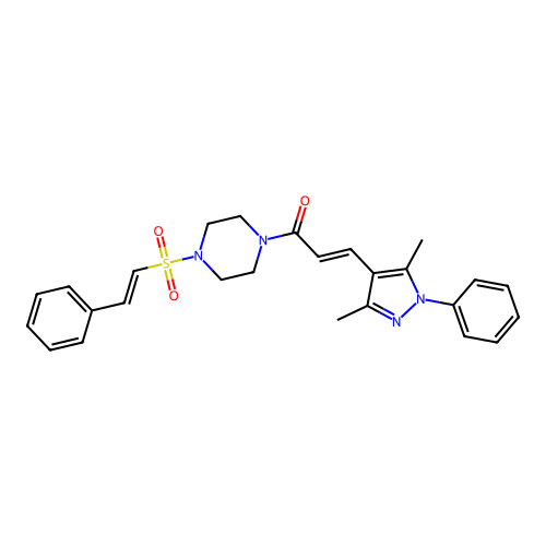 (E)-3-(3,5-dimethyl-1-phenylpyrazol-4-yl)-1-[4-[(E)-2-phenylethenyl]sulfonylpiperazin-1-yl]prop-2-en-1-one structure