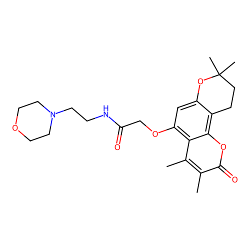 N-(2-morpholinoethyl)-2-((3,4,8,8-tetramethyl-2-oxo-2,8,9,10-tetrahydropyrano[2,3-f]chromen-5-yl)oxy)acetamide structure