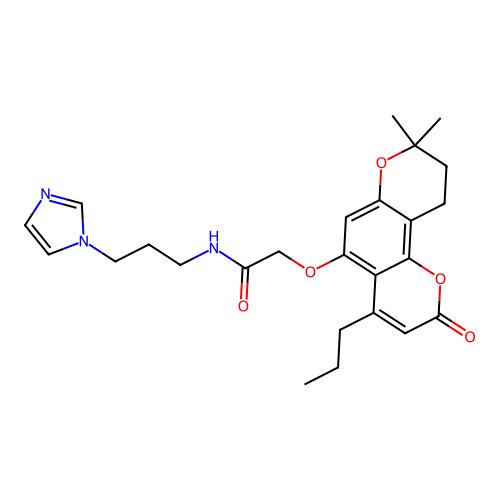 N-(3-(1H-imidazol-1-yl)propyl)-2-((8,8-dimethyl-2-oxo-4-propyl-2,8,9,10-tetrahydropyrano[2,3-f]chromen-5-yl)oxy)acetamide structure