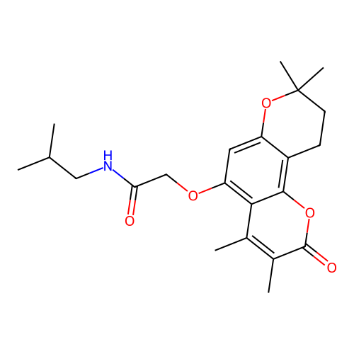 N-isobutyl-2-((3,4,8,8-tetramethyl-2-oxo-2,8,9,10-tetrahydropyrano[2,3-f]chromen-5-yl)oxy)acetamide structure