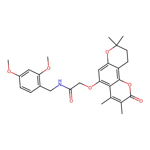 N-(2,4-dimethoxybenzyl)-2-((3,4,8,8-tetramethyl-2-oxo-2,8,9,10-tetrahydropyrano[2,3-f]chromen-5-yl)oxy)acetamide structure