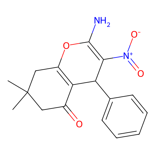 2-amino-7,7-dimethyl-3-nitro-4-phenyl-4,6,7,8-tetrahydro-5H-chromen-5-one structure