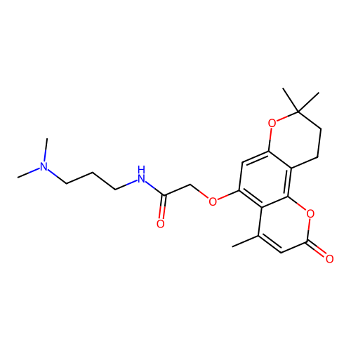 N-(3-(dimethylamino)propyl)-2-((4,8,8-trimethyl-2-oxo-2,8,9,10-tetrahydropyrano[2,3-f]chromen-5-yl)oxy)acetamide structure
