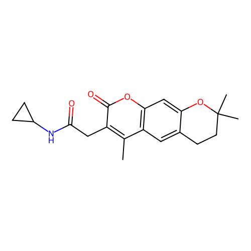 N-cyclopropyl-2-(4,8,8-trimethyl-2-oxo-2,6,7,8-tetrahydropyrano[3,2-g]chromen-3-yl)acetamide structure