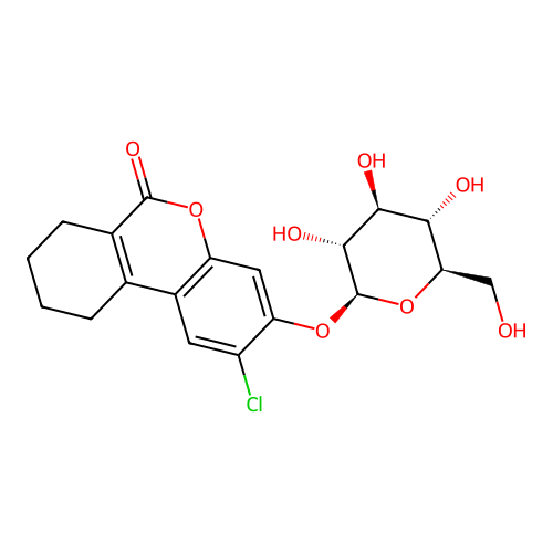 2-chloro-3-(((2S,3R,4S,5S,6R)-3,4,5-trihydroxy-6-(hydroxymethyl)tetrahydro-2H-pyran-2-yl)oxy)-7,8,9,10-tetrahydro-6H-benzo[c]chromen-6-one structure