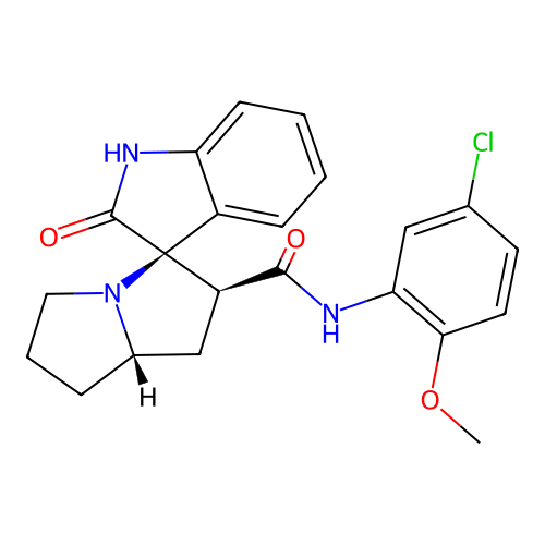 (2'S,3R,7a'S)-N-(5-chloro-2-methoxyphenyl)-2-oxo-1',2',5',6',7',7a'-hexahydrospiro[indoline-3,3'-pyrrolizine]-2'-carboxamide structure