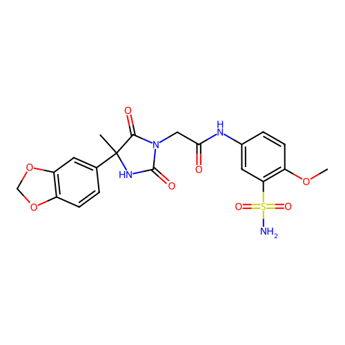 2-[4-(1,3-benzodioxol-5-yl)-4-methyl-2,5-dioxoimidazolidin-1-yl]-N-(4-methoxy-3-sulfamoylphenyl)acetamide structure