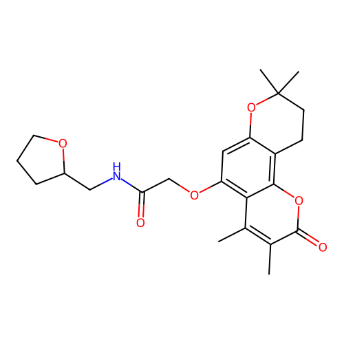 N-((tetrahydrofuran-2-yl)methyl)-2-((3,4,8,8-tetramethyl-2-oxo-2,8,9,10-tetrahydropyrano[2,3-f]chromen-5-yl)oxy)acetamide structure