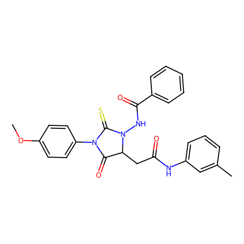 N-[3-(4-methoxyphenyl)-5-{2-[(3-methylphenyl)amino]-2-oxoethyl}-4-oxo-2-thioxoimidazolidin-1-yl]benzamide structure