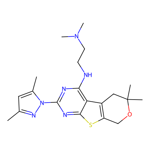 N'-[2-(3,5-dimethyl-1H-pyrazol-1-yl)-6,6-dimethyl-5,8-dihydro-6H-pyrano[4',3':4,5]thieno[2,3-d]pyrimidin-4-yl]-N,N-dimethylethane-1,2-diamine structure