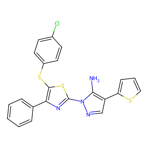 1-{5-[(4-chlorophenyl)sulfanyl]-4-phenyl-1,3-thiazol-2-yl}-4-(2-thienyl)-1H-pyrazol-5-amine structure