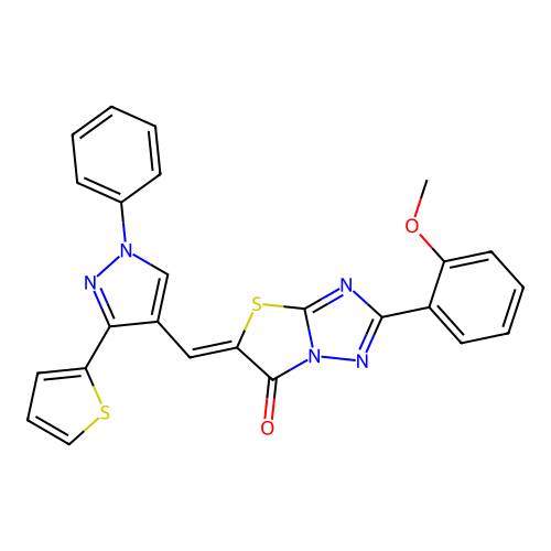 (5Z)-2-(2-methoxyphenyl)-5-[(1-phenyl-3-thien-2-yl-1H-pyrazol-4-yl)methylene][1,3]thiazolo[3,2-b][1,2,4]triazol-6(5H)-one structure