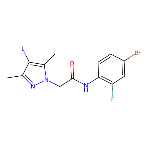 N-(4-bromo-2-fluorophenyl)-2-(4-iodo-3,5-dimethyl-1H-pyrazol-1-yl)acetamide structure
