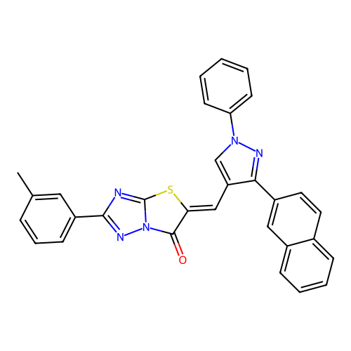 (5Z)-2-(3-methylphenyl)-5-{[3-(naphthalen-2-yl)-1-phenyl-1H-pyrazol-4-yl]methylidene}[1,3]thiazolo[3,2-b][1,2,4]triazol-6(5H)-one structure