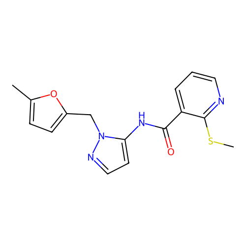 N-[2-[(5-methylfuran-2-yl)methyl]pyrazol-3-yl]-2-methylsulfanylpyridine-3-carboxamide structure