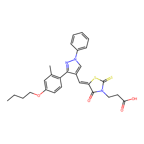 3-[(5Z)-5-{[3-(4-butoxy-2-methylphenyl)-1-phenyl-1H-pyrazol-4-yl]methylidene}-4-oxo-2-thioxo-1,3-thiazolidin-3-yl]propanoic acid structure
