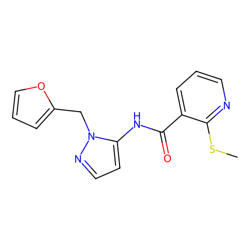 N-[2-(furan-2-ylmethyl)pyrazol-3-yl]-2-methylsulfanylpyridine-3-carboxamide structure