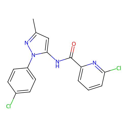 6-chloro-N-[2-(4-chlorophenyl)-5-methylpyrazol-3-yl]pyridine-2-carboxamide structure