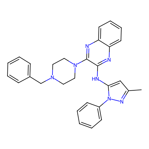 3-(4-benzylpiperazin-1-yl)-N-(3-methyl-1-phenyl-1H-pyrazol-5-yl)quinoxalin-2-amine structure