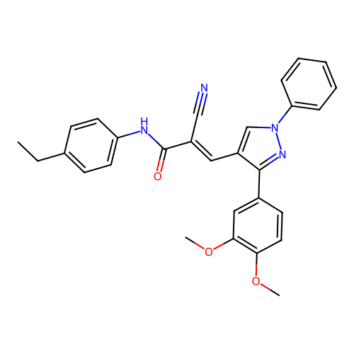 (E)-2-cyano-3-[3-(3,4-dimethoxyphenyl)-1-phenylpyrazol-4-yl]-N-(4-ethylphenyl)prop-2-enamide structure