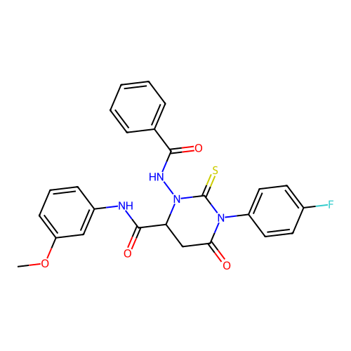 1-(4-fluorophenyl)-N-(3-methoxyphenyl)-6-oxo-3-[(phenylcarbonyl)amino]-2-thioxohexahydropyrimidine-4-carboxamide structure