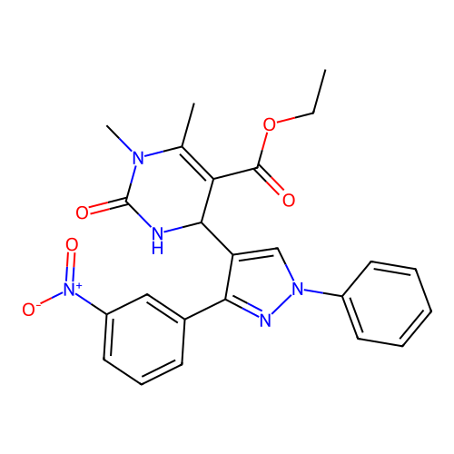 ethyl 1,6-dimethyl-4-(3-(3-nitrophenyl)-1-phenyl-1H-pyrazol-4-yl)-2-oxo-1,2,3,4-tetrahydropyrimidine-5-carboxylate structure
