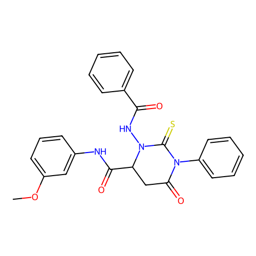 N-(3-methoxyphenyl)-6-oxo-1-phenyl-3-[(phenylcarbonyl)amino]-2-thioxohexahydropyrimidine-4-carboxamide structure