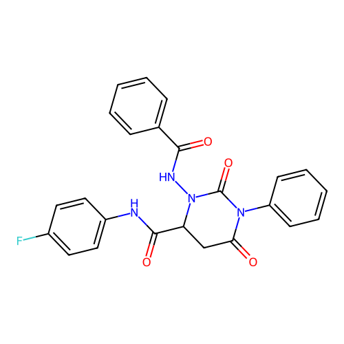 N-(4-fluorophenyl)-2,6-dioxo-1-phenyl-3-[(phenylcarbonyl)amino]hexahydropyrimidine-4-carboxamide structure