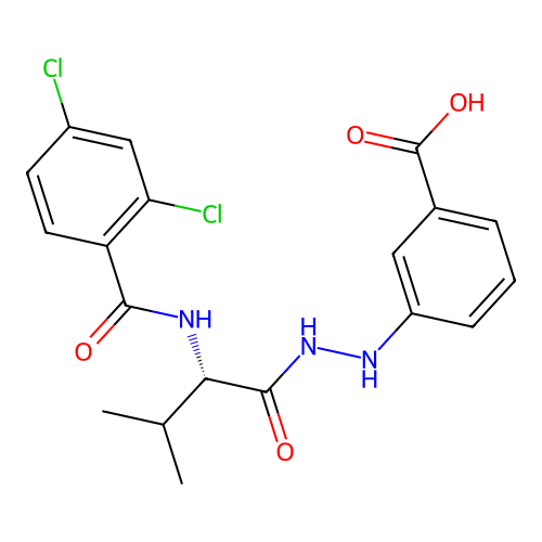 3-[2-[(2S)-2-[(2,4-dichlorobenzoyl)amino]-3-methylbutanoyl]hydrazinyl]benzoic acid structure
