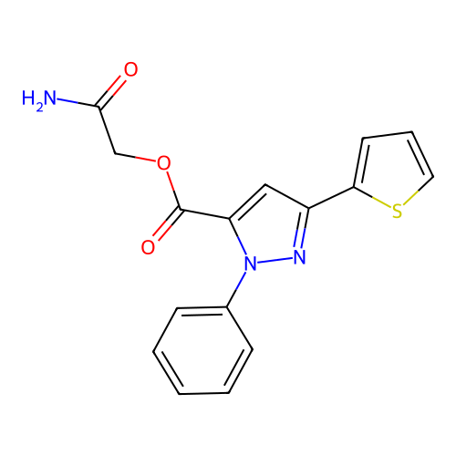 (2-Amino-2-oxoethyl) 2-phenyl-5-thiophen-2-ylpyrazole-3-carboxylate structure