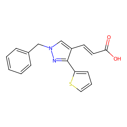 3-(1-Benzyl-3-thiophen-2-ylpyrazol-4-yl)prop-2-enoic acid structure