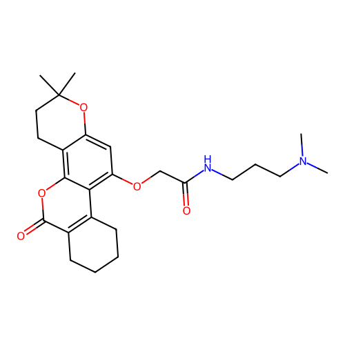 2-((2,2-dimethyl-6-oxo-2,3,4,6,7,8,9,10-octahydrobenzo[c]pyrano[2,3-h]chromen-11-yl)oxy)-N-(3-(dimethylamino)propyl)acetamide structure