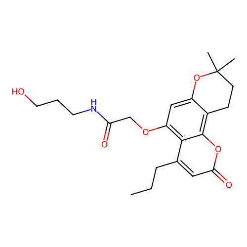 2-((8,8-dimethyl-2-oxo-4-propyl-2,8,9,10-tetrahydropyrano[2,3-f]chromen-5-yl)oxy)-N-(3-hydroxypropyl)acetamide structure