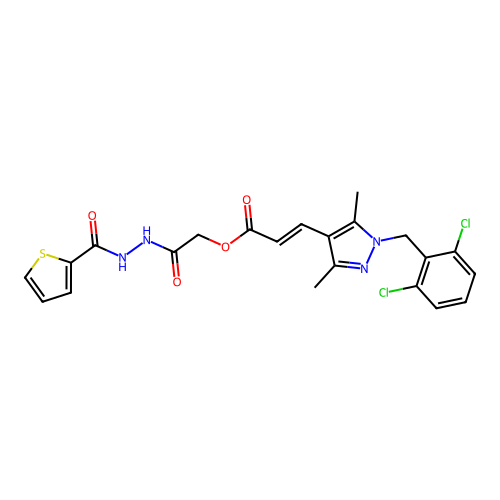 2-Thiophenecarboxylic acid 2-[2-[[(2E)-3-[1-[(2,6-dichlorophenyl)methyl]-3,5-dimethyl-1H-pyrazol-4-yl]-1-oxo-2-propen-1-yl]oxy]acetyl]hydrazide structure