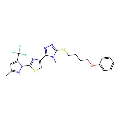 4-methyl-3-{2-[3-methyl-5-(trifluoromethyl)-1H-pyrazol-1-yl]-1,3-thiazol-4-yl}-5-[(4-phenoxybutyl)sulfanyl]-4H-1,2,4-triazole structure