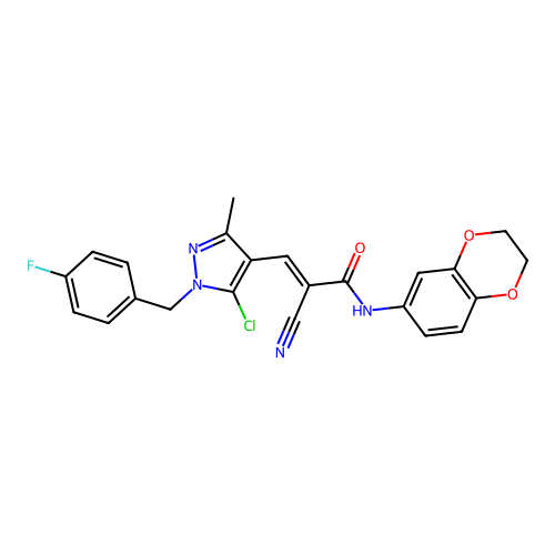 (E)-3-[5-chloro-1-[(4-fluorophenyl)methyl]-3-methylpyrazol-4-yl]-2-cyano-N-(2,3-dihydro-1,4-benzodioxin-6-yl)prop-2-enamide structure