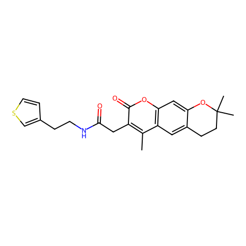 N-(2-(thiophen-3-yl)ethyl)-2-(4,8,8-trimethyl-2-oxo-2,6,7,8-tetrahydropyrano[3,2-g]chromen-3-yl)acetamide structure