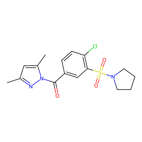 3,5-Dimethylpyrazolyl 4-chloro-3-(pyrrolidinylsulfonyl)phenyl ketone structure