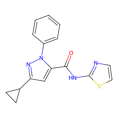 3-cyclopropyl-1-phenyl-N-(1,3-thiazol-2-yl)-1H-pyrazole-5-carboxamide structure